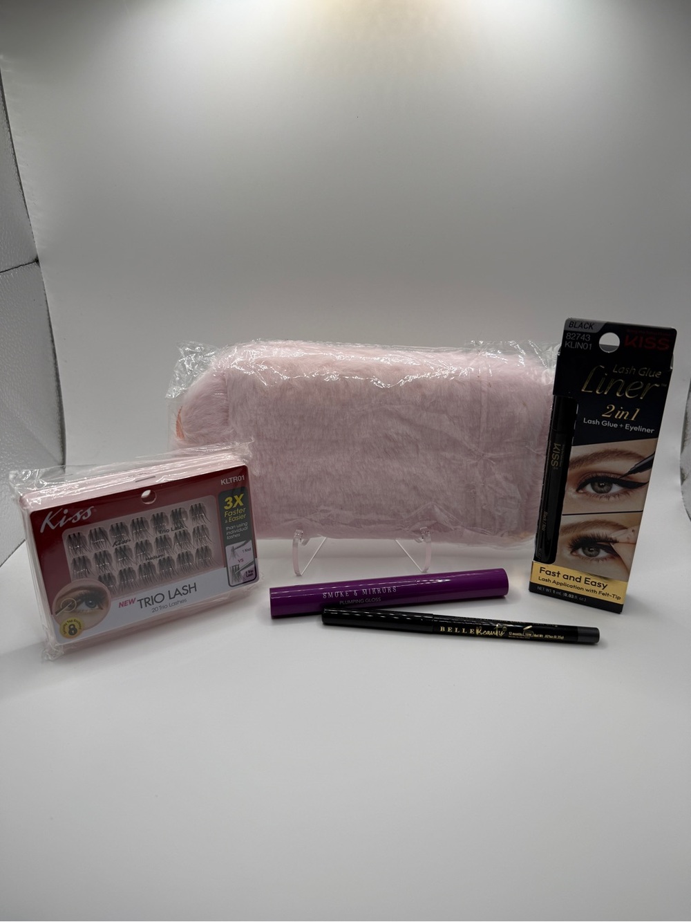 5pc Beauty Bundle with Kiss Eye Liner Glue and Lash Kit & Pink Fuzzy Pouch